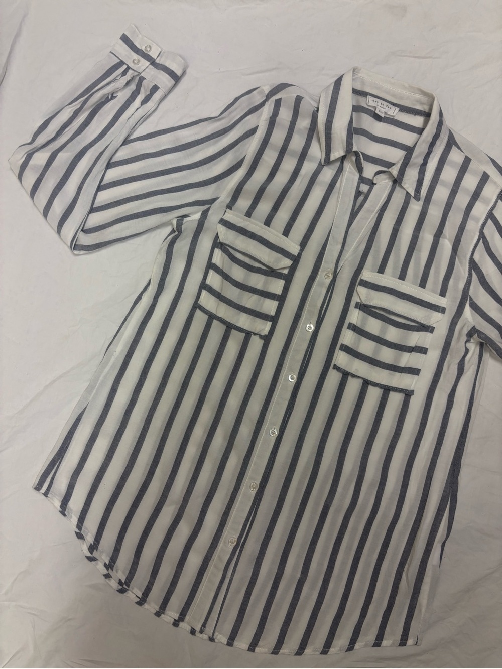 Blu Pepper ‘Day to Day’ White/Navy Vertical Stripe Button-Down Shirt | Large